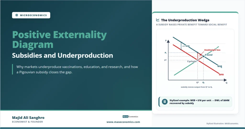 Feature image explaining a positive externality diagram, showing supply, marginal private benefit, marginal social benefit, underproduction, and the deadweight loss recovered by a Pigouvian subsidy.