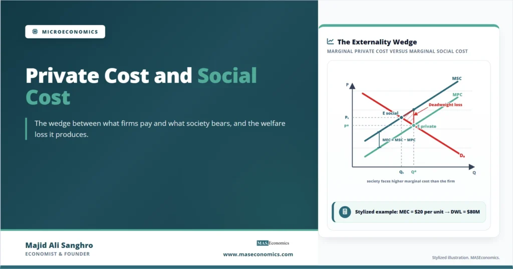 Feature image explaining private cost versus social cost, showing MPC, MSC, and demand with private and social equilibria and a red deadweight loss triangle.