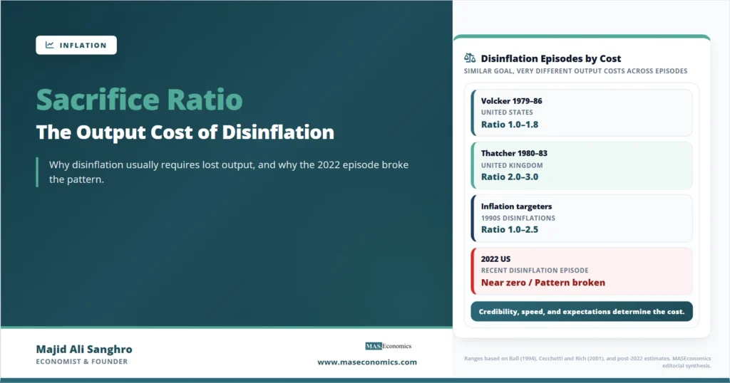 Feature image for “Sacrifice Ratio,” showing how the output cost of disinflation varies across historical episodes, including Volcker, Thatcher, 1990s inflation targeters, and the 2022 US disinflation.