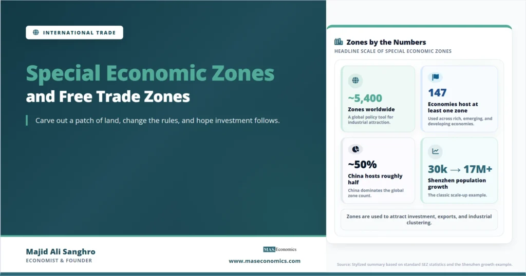 Feature image for “Special Economic Zones,” showing a 2x2 metric grid with headline figures on zones worldwide, host economies, China’s share, and Shenzhen’s population growth.