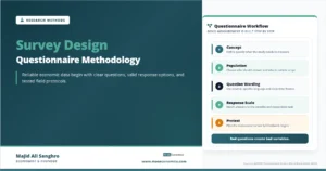 Feature image for “Survey Design,” showing a questionnaire workflow from concept definition to population choice, question wording, response scale design, pretesting, and usable survey data.