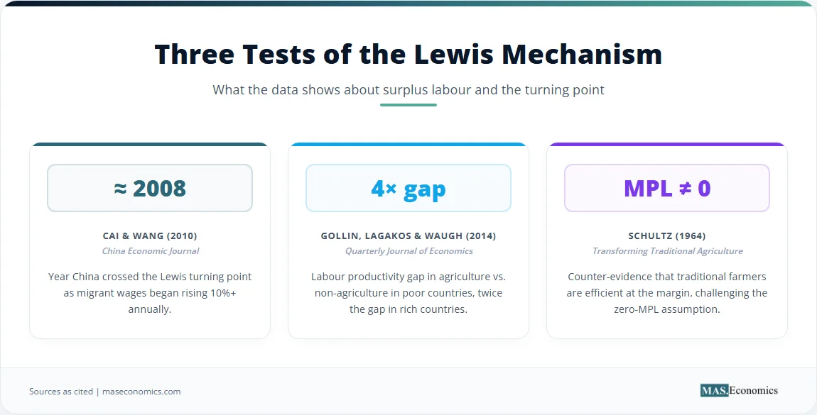 Three empirical tests of the Lewis mechanism: China turning point, productivity gap, and Schultz counter-evidence.

