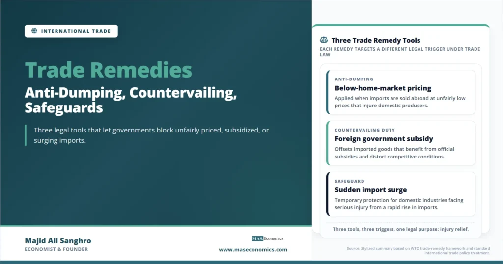Trade Remedies feature image showing anti-dumping, countervailing duties, and safeguards as three legal tools used to restrict unfairly priced, subsidized, or surging imports.