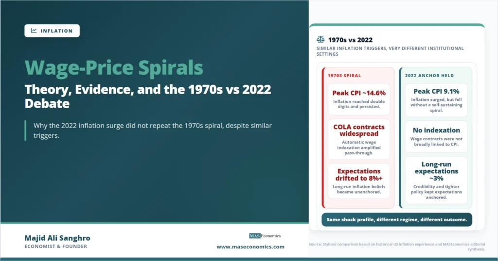 Feature image for “Wage-Price Spirals,” comparing the 1970s inflation spiral with the 2022 inflation episode and showing why expectations remained anchored in 2022.