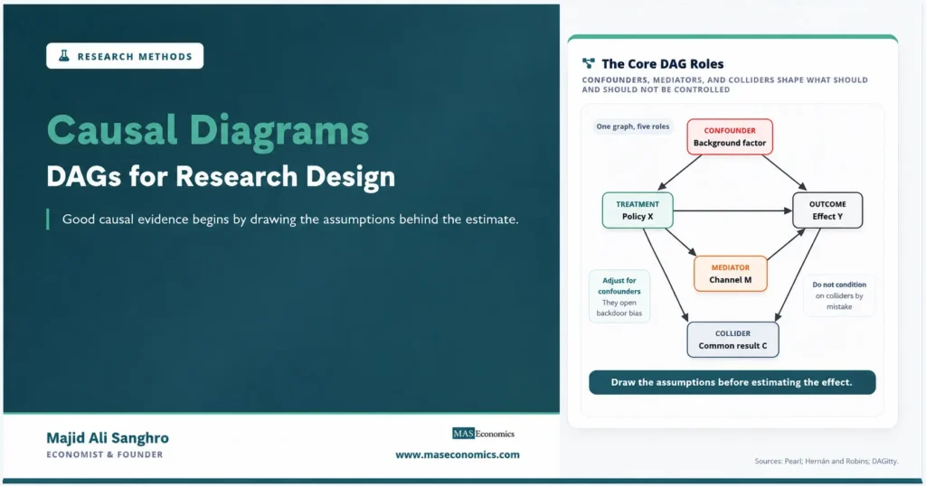 Feature image for “Causal Diagrams,” showing a DAG with treatment, outcome, confounder, mediator, and collider nodes used in research design.