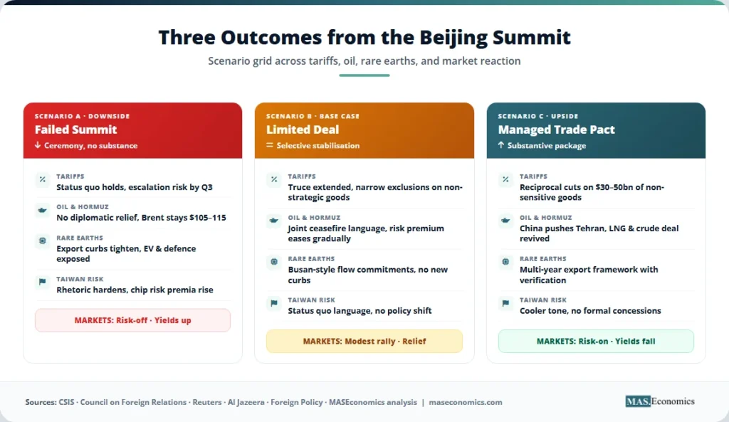 Three-column scenario grid comparing a failed Trump-Xi summit, a limited base-case deal, and a managed trade pact across tariffs, oil and Hormuz risk, rare earths, Taiwan risk, and market reaction