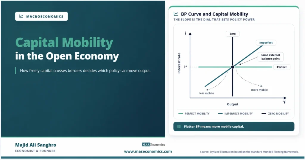 Feature image for “Capital Mobility in Open Economy Macroeconomics,” showing how perfect, imperfect, and zero capital mobility change the slope of the BP curve in the Mundell-Fleming framework.