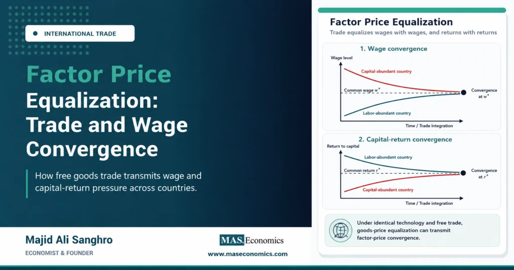 Factor price equalization diagram showing wage convergence and capital-return convergence across countries after free trade.