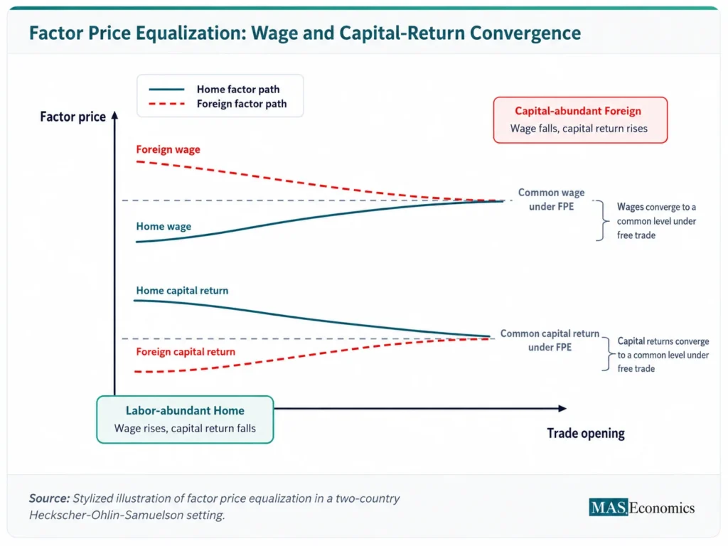 Factor price equalization chart showing wages converging to a common wage level and capital returns converging to a separate common return level after trade.