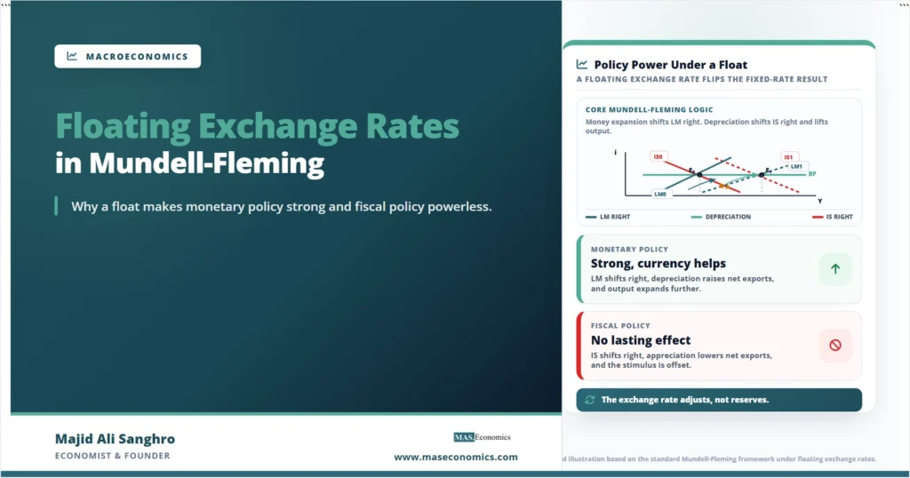 Feature image for “Floating Exchange Rates in Mundell-Fleming,” showing how a floating exchange-rate regime makes monetary policy strong while fiscal policy has no lasting effect because the exchange rate adjusts.