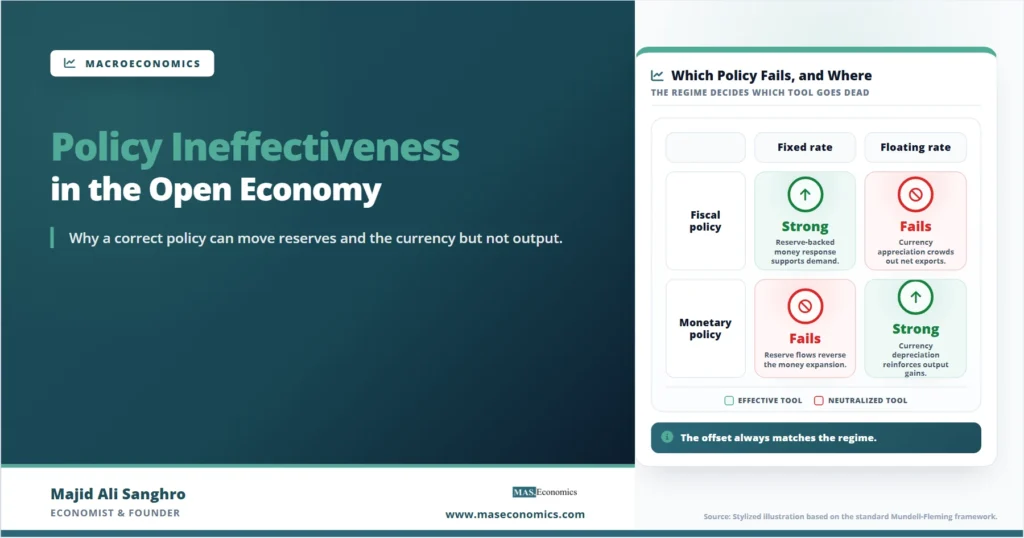 Feature image for “Policy Ineffectiveness in Open Economy Models,” showing a 2×2 matrix where fiscal policy is strong under fixed exchange rates but fails under floating rates, while monetary policy fails under fixed rates but is strong under floating rates.
