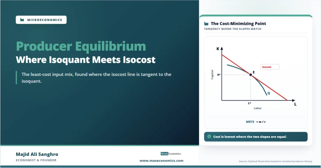 Feature image for “Producer Equilibrium: Where Isoquant Meets Isocost,” showing the cost-minimizing input mix where an isocost line is tangent to an isoquant.