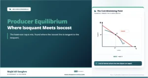 Feature image for “Producer Equilibrium: Where Isoquant Meets Isocost,” showing the cost-minimizing input mix where an isocost line is tangent to an isoquant.