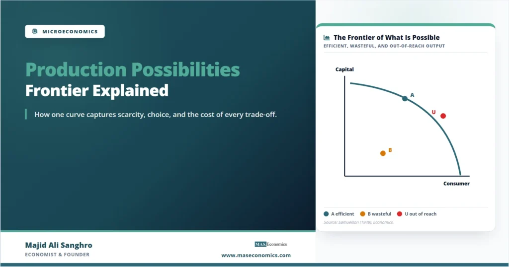 Feature image showing a production possibilities frontier with an efficient point on the curve, a wasteful point inside the curve, and an out-of-reach point beyond the curve.