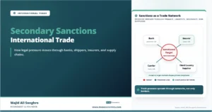 Feature image for “Sanctions and Secondary Sanctions in International Trade,” showing a sanctioned target linked to banks, insurers, carriers, and third-country suppliers through a trade-compliance network.