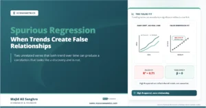Feature image showing two unrelated trending time series and a false regression fit with high R-squared but zero true relationship.