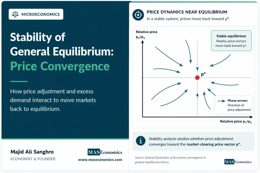 Phase-arrow diagram showing prices converging toward stable general equilibrium.