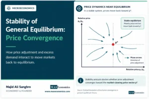 Phase-arrow diagram showing prices converging toward stable general equilibrium.