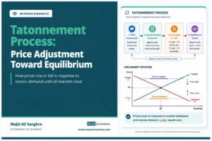 Tatonnement process showing prices adjusting toward equilibrium in response to excess demand and excess supply.