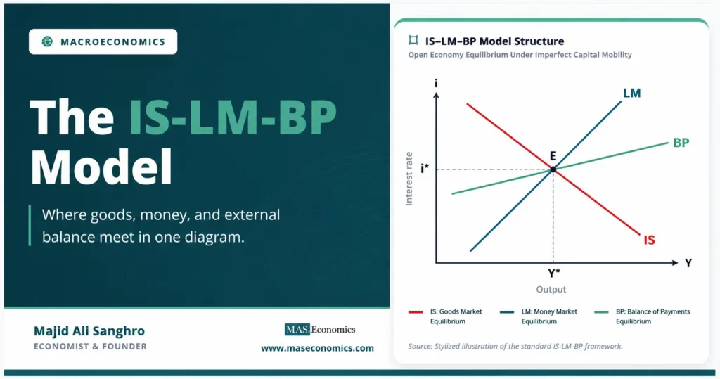 Feature image for the IS-LM-BP model showing a split layout with a Macroeconomics category badge, the title “The IS-LM-BP Model,” and a right-side diagram where the IS, LM, and BP curves intersect at a single equilibrium point E.