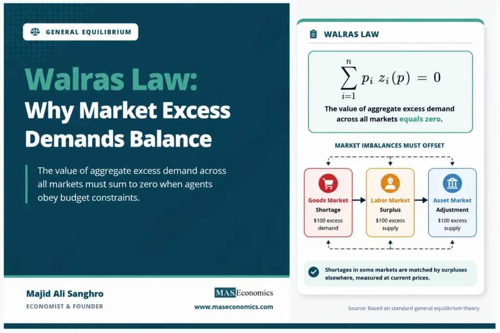 Walras law equation showing market excess demands balancing across connected goods, labor, and asset markets.