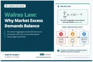 Walras law equation showing market excess demands balancing across connected goods, labor, and asset markets.