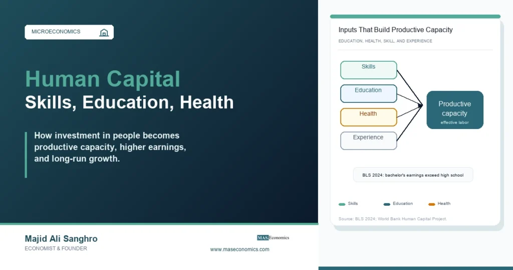 Human capital feature image showing skills, education, health, and experience building productive capacity.