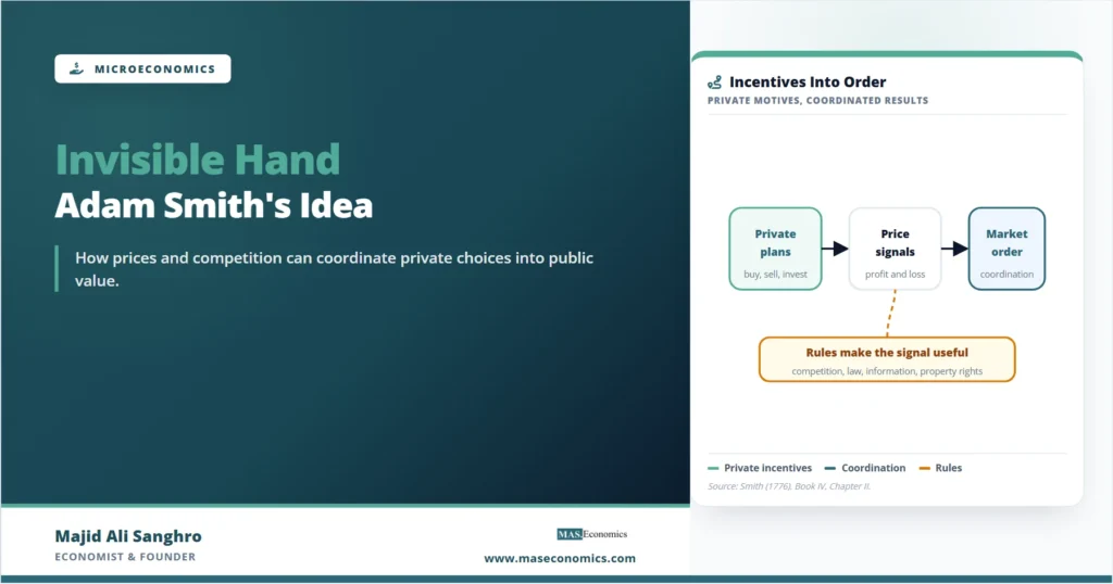 Invisible hand feature image showing private incentives moving through prices and competition