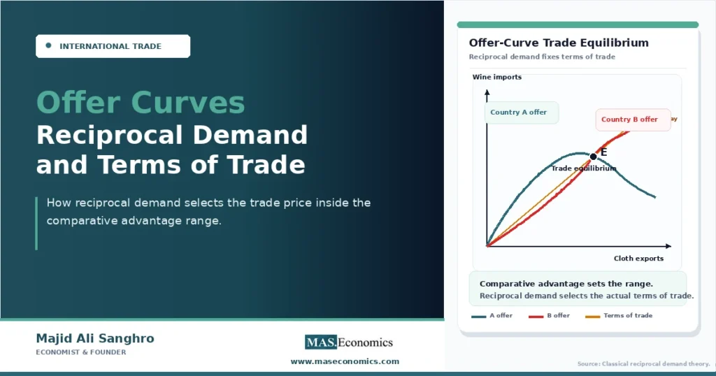 Offer curve diagram showing reciprocal demand curves intersecting at trade equilibrium with a terms-of-trade ray.