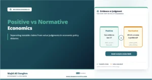 Positive vs normative economics feature image showing testable facts on one side and value judgments on the other.