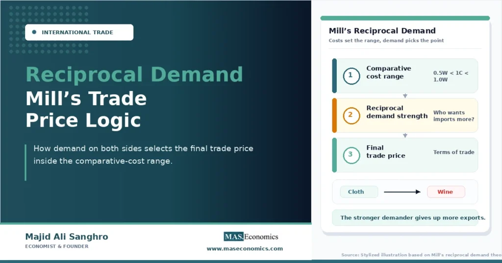Reciprocal demand concept showing comparative cost range, demand strength, and final trade price between cloth and wine.