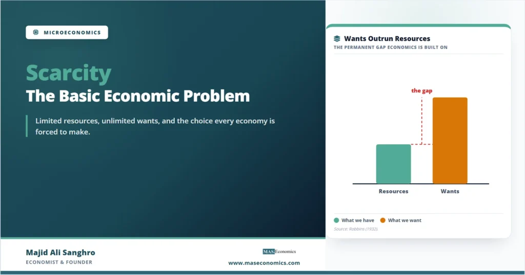Scarcity feature image showing a short resources bar and a taller wants bar with a labeled gap between them.