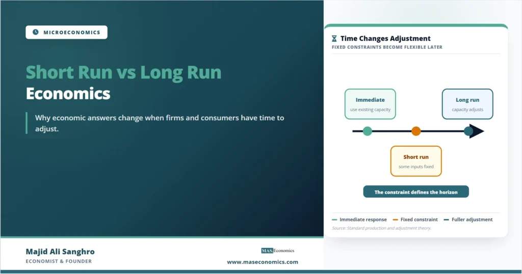Short run vs long run economics feature image showing fixed constraints in the short run and flexible adjustment in the long run.