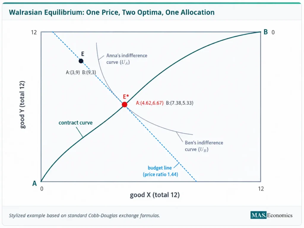 Inline Edgeworth box diagram showing Walrasian equilibrium at E*, where the budget line with price ratio 1.44 passes through endowment E and both traders’ indifference curves are tangent at the same allocation.
