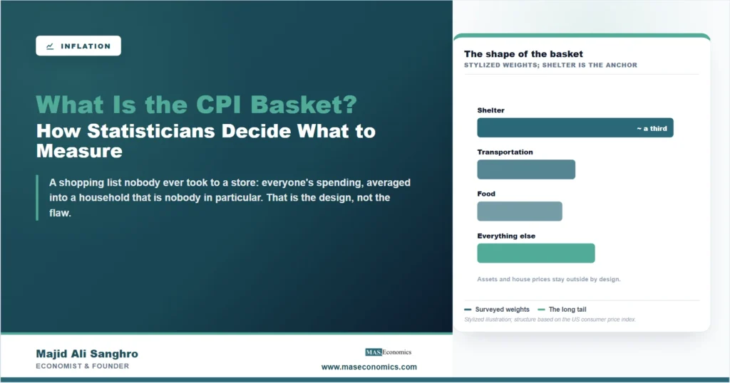 Stylized bar chart of consumer price index basket weights with shelter as the largest component at roughly a third, followed by transportation, food, and other categories