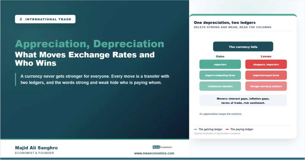 Stylized ledger of currency appreciation and depreciation showing exporters and remittance families gaining while shoppers and dollar debtors pay
