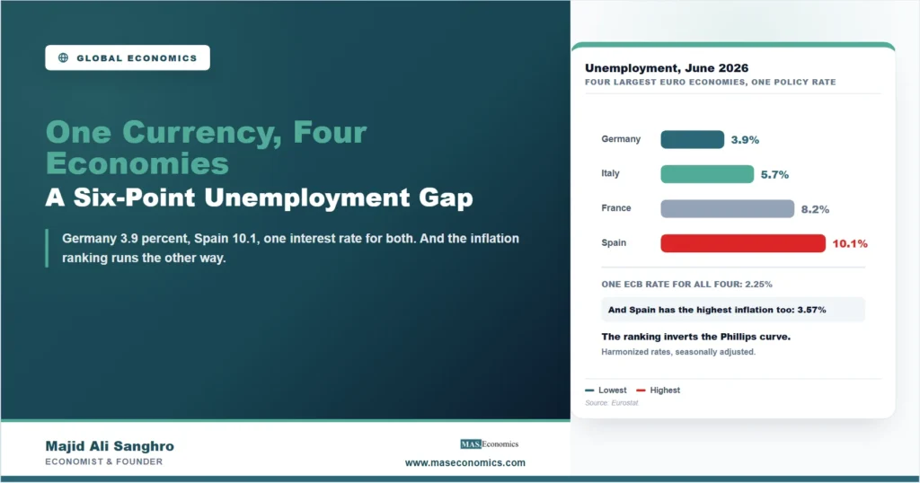 Bar chart of June 2026 unemployment rates in Germany, Italy, France, and Spain, from 3.9 to 10.1 percent under one ECB rate