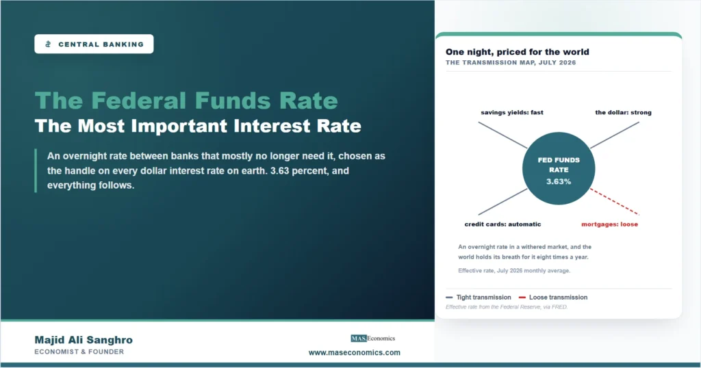Stylized transmission map with the 3.63 percent federal funds rate at the center and arrows to savings yields, credit cards, the dollar, and, loosely, mortgages