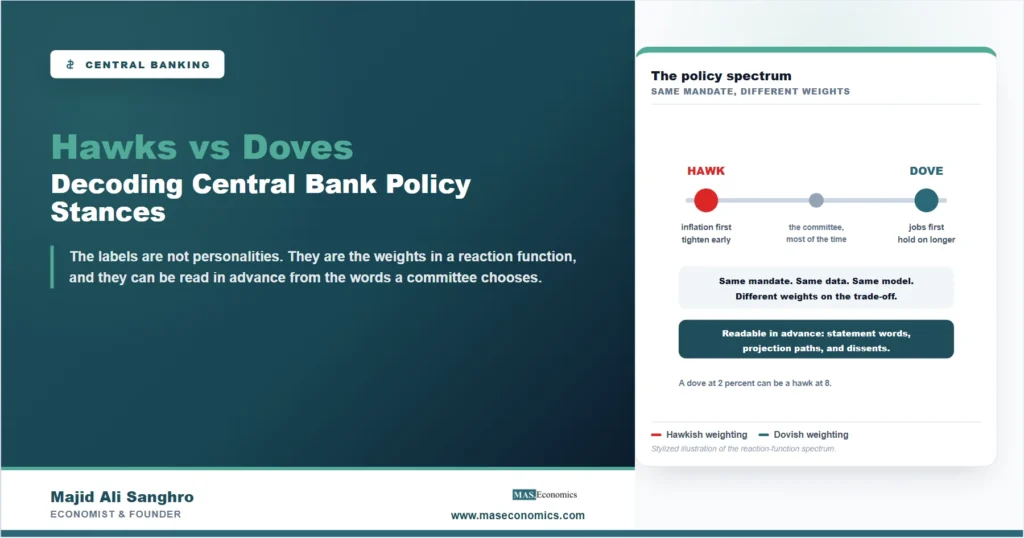 Stylized spectrum from hawk to dove in monetary policy, same mandate and data but different weights on inflation versus employment