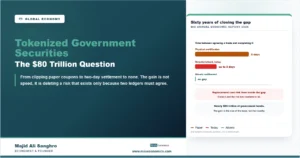 Timeline chart showing securities settlement falling from five days with physical certificates to up to two business days today, and to no gap at all under atomic settlement