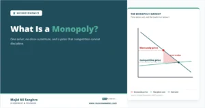 Feature image for What Is a Monopoly showing a stylized diagram of the monopoly price above the competitive price with the lost trades between them