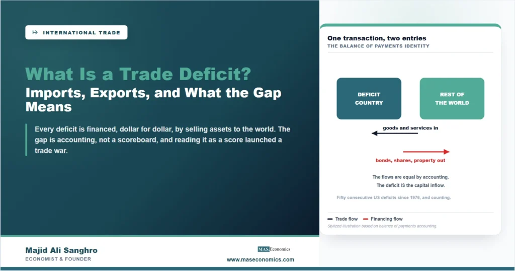 Diagram showing a trade deficit country receiving goods and services while sending bonds, shares, and property claims to the rest of the world in equal amount